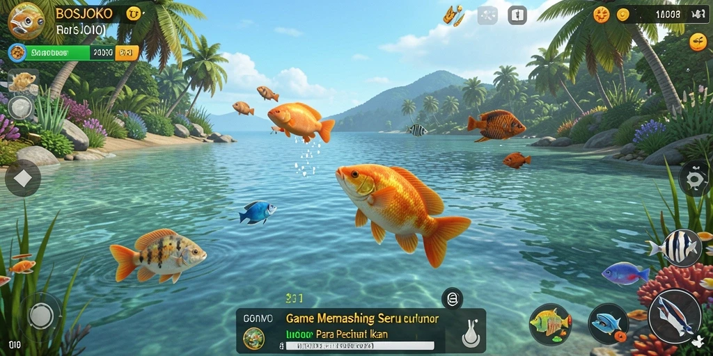 Screenshot menampilkan pemain sedang memancing di danau yang indah.