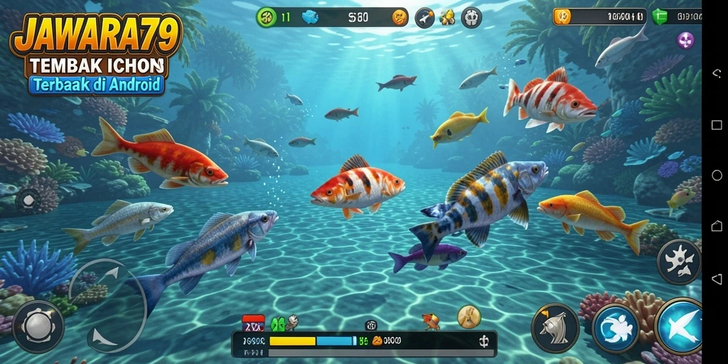 Screenshot utama JAWARA79 dengan aksi menembak ikan yang seru.